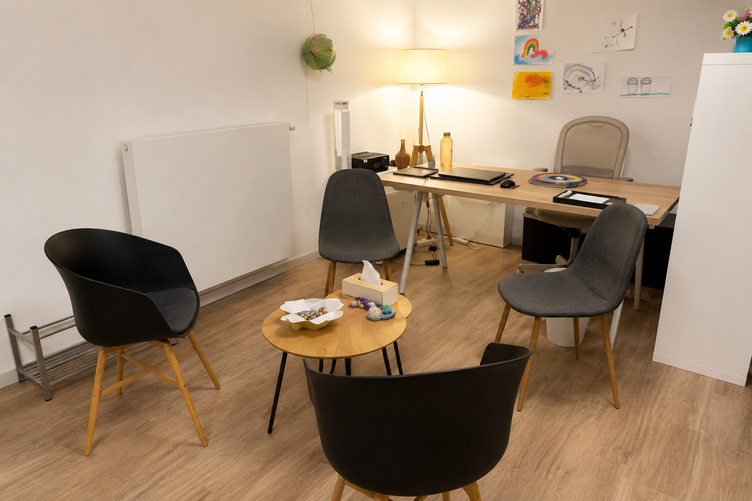 Salle de consultation au Centre Mimosa à Ixelles avec fauteuils et espace d'accueil
