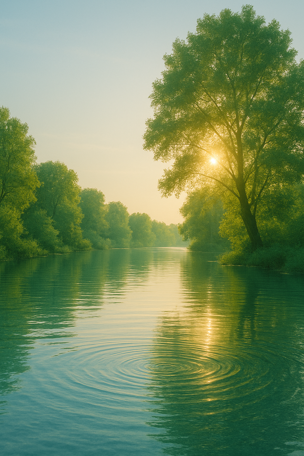Rivière paisible avec reflets dorés du soleil à travers les arbres - Symbolisant la tranquillité et l'harmonie intérieure